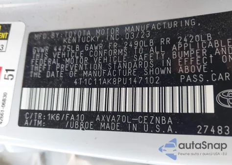 2023 Toyota Camry Le z USA, uszkodzony, nr VIN 4T1C11AK8PU147102